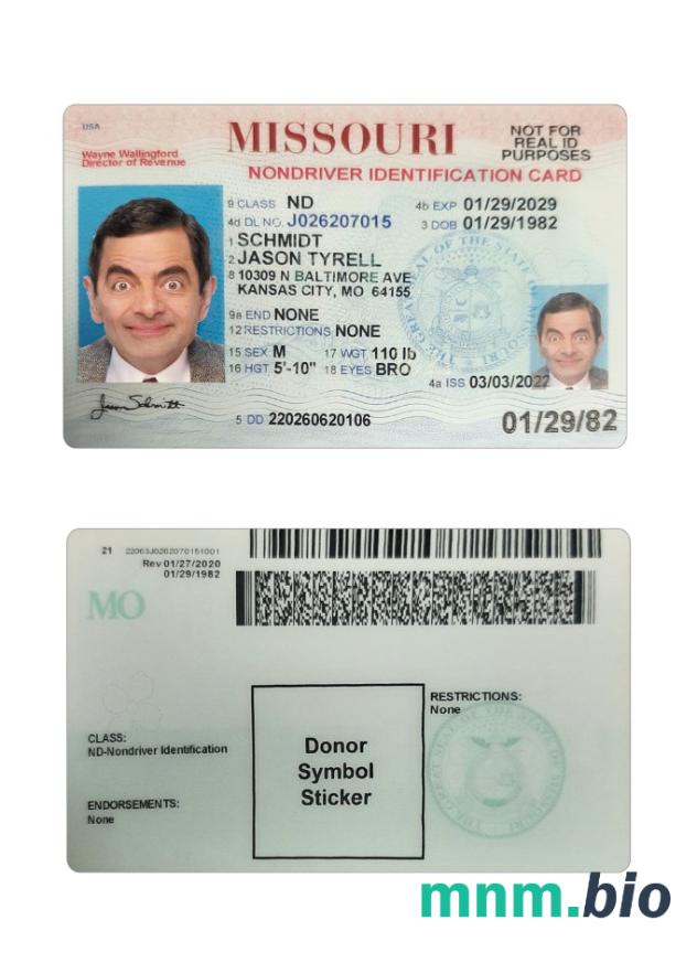 Przykład karty identyfikacyjnej stanu Missouri (USA) w formacie PSD, w pełni edytowalny